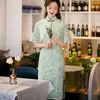 Etnisk Kläder Grön Lace Sjal Kvinnlig Cheongsam Sexig Ärmlös Party Prom Dress Sheath Print Blommor Vintage Qipao Kinesisk stil Vestidos