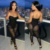 Sexiga Stroplösa Kvinnor Jumpsuit Se igenom Sheer Mesh Party Night Clubwear Fitness Lång Rompers Overaller Kvinnors Jumpsuits