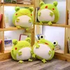 35cm Emotional Green Frog Plush Toy Down Cotton Stuffed Squishy Animal Functional Pillow Flannel Blanket Hands Warm Gift 210728