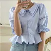 Chic Turn-Down-Kragen Halbarm Einreiher Bluse Frauen Arbeitsstil OL Slim Solid Color Blusas Sommerhemd Femme 210527