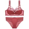 Deep V Plus Size Lace Bras And Panty Sets For Women Thin Embroidery Push Up Sexy Underwear Set Female Red Lingerie A B C D E Cup 211104