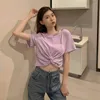 Woment-Shirtホルター半袖ソリッドレディース韓国のクロスカラーセクシーなファッションTシャツ野生のトリミングティー女性トップスLS365 210506
