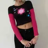 Brown Floral Heart Embroidery Fake 2 Pieces Y2k Crop Top T-Shirt Women O-Neck Long Sleeve Casual Black Tee Shirt Streetwear 210510