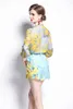 المرأة الصيف مصمم أنيقة مكتب حزب طباعة قطعتين مجموعة أنثى طويلة الأكمام الكشكشة قميص أعلى + جيب سراويل الساق واسعة مجموعة 210525