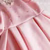 Pink Lovely Party Dress Women A Line Pleated with Bead Bowtie Sleeve Patchwork Mesh Sexy Celebrity Event Clubwear Occasion 210527