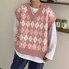 Dames Vesten Lange Mouwen Gebreide Argyle Trui Vrouwen Koreaanse Roze Vest Truien Vrouwelijke Jumpers Cardigan Jacket met knoppen 210805