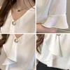 Solid Women Tops and Blouses Casual Clothing Short Sleeve V-neck White Pink Elegant Office Lady Ruffle Blouse 9606 210506