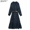 Zevity Women Vintage LeopardプリントSashes Midi Dress FemmeロングスリーブプリーツフリルカジュアルAラインvestidoシッククロスD4857 210603