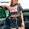 ACHOAE 여름 캐주얼 인쇄 티셔츠 정장 여성 배틀 링 짧은 소매 스포츠 짧은 탑 + 단단한 반바지 Tracksuit 세트 앙상블 Femme Y0702