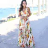新しい長いセクシーなプリントビーチドレス女性の高い腰のノースリーブVネックスパゲッティストラップドレス女性ファッション春の夏のドレスx0521