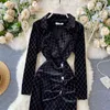 New Women Elegant Velvet Dress Korean Fashion Notched Long Sleeve Ruched Slim Vintage Bodycon Dress Sexy Split Party Dresses Y1204