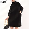 [EAM] Abito da donna nero per il tempo libero di grandi dimensioni dolcevita manica a tre quarti vestibilità ampia moda primavera autunno JL23001 21512