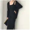 HMA High Quality Winter Women's Casual Long Sleeved Cardigan + Suspenders Sweater Vest Two Piece Runway Dresses Suit 210730