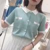 Sommer japanischer Stil Turn-Down-Kragen Kurzarm dünne kurzärmelige Eisseide stricken Damen Hemd Mäntel Tops Blusen 210506