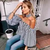 Lente elegante bloementops effen blauw off-shoulder sexy shirt zomerblouse met choker Y117 220307