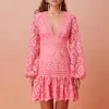Autumn Sexy V-neck Lantern Long Sleeve Solid Color Hook Flower Hollow Dress Celebrity Club Party A-line Vestidos 210527