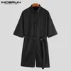 Мужские брюки Incerun Fashion Jumpsuit Men Men Half -рукав свободные брюки с твердым цветом корейский стиль Dompers 2022 Компания уличная одежда Drak22