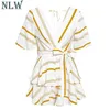 Kvinnors Jumpsuits Rompers Nlw Stripe Ol Bow Beach 2021 Kvinna Sommar Playsuits Casual Party Ruffles Backless Short