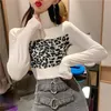 Lucyever Autumn Turtleneck Shirts Women Fashion Leopard Patchwork Short Blouses Woman Slim Half Zipper Black Bottom Shirt Female 210521