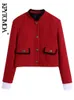 KPYTOMOA Frauen Mode Mit Taschen Tweed Abgeschnitten Jacke Mantel Vintage Langarm Button-up Weibliche Oberbekleidung Chic Tops 220118