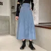 Korobov Denim Skirt Autumn and Winter New A-type Long All-match Umbrella Mid-length High-waisted Thin A-line 210430