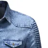 Homens camisa marca masculino manga longa denim camisas casuais cor sólida plissada retalhos slim fit motociclista azul cinza 3xl homens