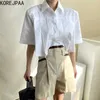 Korejpaa Women Sets Summer Korean Chic All-Match Lapel Pleated Short-Sleeved Shirt High Waist Double Pocket Casual Shorts 210526
