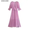 Estilo de férias cintura elástica cruz v pescoço semi transparente maxi longo vestido boêmio mulher manga vestidos a-alinhados feminino roxo 210429