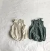 Summer Korean style infant baby girls cotton linen sleevless rompers with hair band cute bowknot solid color jumpsuits 210508