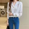 Camicette da donna coreane Camicette in chiffon Camicie Donna Scollo a V Donna Top bianco Camicia a maniche lunghe Top Plus Size XXL 210427