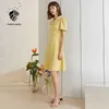 Fansilanen Jaune V Cou Imprimer Satin Robe Femmes Manches courtes Sexy Cheongsam Mini Chinois Élégant Slim Party Vintage 210607