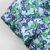 Vrouwen Top Blue Floral Print Bebouwde Blouse Vrouw Ruche Korte Puff Sleeve Vrouw Back Zip Chic Summer Blouses 210519