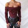 Corsetto in raso con spalle scoperte da donna Top a maniche lunghe con scollo a barchetta Camicette eleganti rosso vino Top senza schienale sexy corto 210517