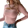 2021 NIEUWE VROUWEN HOLLEN LANGE MOET T-shirts Effen Kleur Mode Dames Herfst Winter Lange Mouw Geribbelde Knit Sexy Cut Out Top G220228