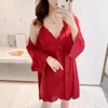 Kadın Pijama Mavi Kimono Bornoz Kıyafeti Rahat Ev Giyim 2021 Lady 2 Adet Robe Set Intimate Lingerie Seksi Dantel Gecelikler