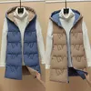 Automne hiver deux côtés porter long gilet chaud à capuche gilet femmes manteau épaissir coton rembourré femme sans manches veste 211120