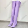Rontic Damen Frühlings-Oberschenkelhohe Stiefel Seitlicher Reißverschluss Sexy Stiletto-Absätze Runde Zehen Hübsche violette weiße Kleidschuhe Plus US-Größe 5-20