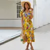 Femmes Floral Print Beach Robe Summer Boho Maxi Sundress Manches courtes Élégant Col V Partywear Robes Robes de vacances 210514