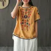 Sether Arts Style Kobiety z krótkim rękawem Loose T-shirt Vintage Haft Bawełniana Linowa Koszula Femme O-Neck Tops S869 210512