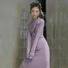 [EAM]女性紫色の結び目編みエレガントなロングドレスVネック長袖ルーズフィットファッション春秋1DD0243 21512