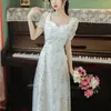 ヨシミの花刺繍ドレス夏半袖スクエアカラーミッドカーフフィットとフレアボイルロングレディース210604