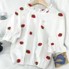 Strawberry Blouse Women Shirt Embroidered Cherry Strawberry Short-sleeve Chiffon Blouse Top French Fashion Drawstring Top Shirt 210422
