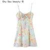 Mode zomer vakantie chique bloemen print sling mini jurk sexy stijl mouwloze backless strikje jurken vrouwelijke vestidos 210508