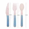 Disposable Kitchen Dinnerware Wood Spoons Forks for Happy Birthday picnic Party Decorations Utensil Striped Printed T10I136