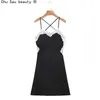 Summer V-Neck Sexy White Lace Edge Szycia Czarny A-Line Camisole Dress Kobieta Backless Suspider Vintage Vestido 210508