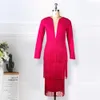 Rose Red Long Sleeves Tassels Women Midi Dress Deep V Neck Sexy Patchwork with Zipper Female Date Out Fashion Spring 2021 New 210320