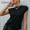 Sollinarry High street ins style women T-shirt summer Polka dot O-neck sleeveless T shirts Casual outfit Shoulder padded top 210709