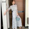 ファッション女性Polka Dotのズボンスーツサマーシフォンoネックフリルシャツ+ホリデーレディースプリーツワイドレッグレングスパンツセット210519