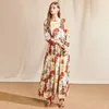 Abiti maxi in stile vintage retrò da designer di passerelle per feste stampate con collo a fiocco manica lunga abito a fiori rosa za 210421