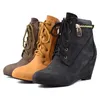 Winter Enkellaarsjes Vrouwen Rits Wig Hoge Hakken Korte Lace Up Ronde Neus Schoenen Vrouwelijke Herfst Grote Maat 34-46 210517 GAI